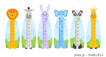 Kids Height Chart with Cute Lion, Zebra, Rabbit, Elephant, Panda, Giraffe Animals Characters. Children Growth Meter Kids Height Chart with Cute Lion, Zebra, Rabbit, Elephant, Panda, Giraffe Animals Characters. Children Growth Meter 94862824