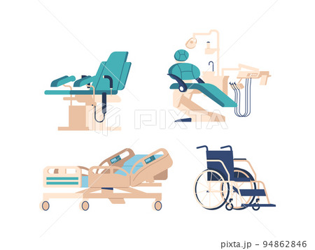 Set of Medical Equipment and Apparatuses, Dentist Couch and Gynecological Chair, Wheelchair Clinic and Hospital Devices 94862846