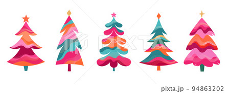 Colorful Retro Christmas Trees Collection for New Year 2023 94863202