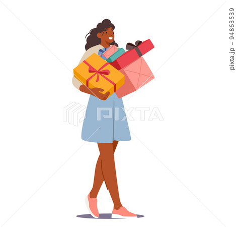 Happy Girl Carry Heap Of Giftboxes. Female Character Holding Presents For Holidays Festive Event Birthday, Christmas 94863539