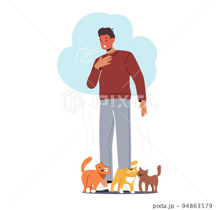 Man With Cat Fur Allergy , Male Character ,coughing With Runny Nose And Watery Eyes. Seasonal Disease, Causes Of Allergy 94863579