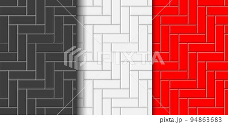 Black, white, red herringbone tile seamless pattern. Kitchen backsplash or bathroom floor surface. Subway stone or ceramic brick wall background Black, white, red herringbone tile seamless pattern. Kitchen backsplash or bathroom floor surface. Subway stone or ceramic brick wall background 94863683