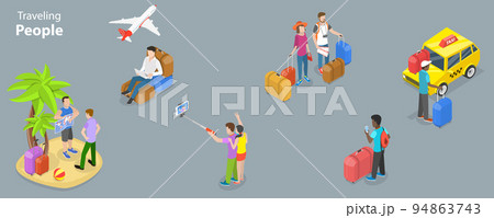 3D Isometric Flat Vector Conceptual Illustration of Set of Scenes with Traveling People 94863743