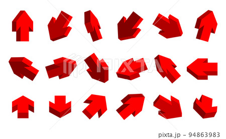 Arrow red 3d big set. Isometric cursor collection. Up down left right direction web button design element. Navigation simple pointer isolated on white background 94863983