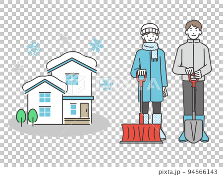 雪が積もった家と除雪をするためにスコップを持つ男女のベクターイラスト素材／雪／冬／雪国／シャベル 94866143