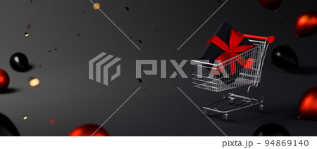 Online shopping, Black Friday graphic banner with shopping cart, gift box on black background 94869140