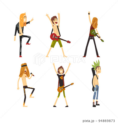 Rock musicians playing guitars and singing set. Rockers characters performing on stage cartoon vector illustration 94869873