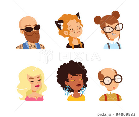 Collection of portraits of people. Male, female persons and children with different skin color, hairstyles and accessories vector illustration 94869933