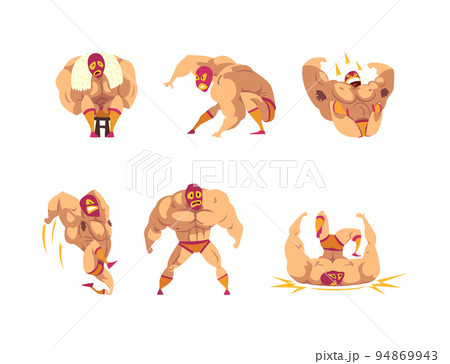 Mexican wrestler fighters in mask set. Battle acrobat fighters characters cartoon vector illustration 94869943