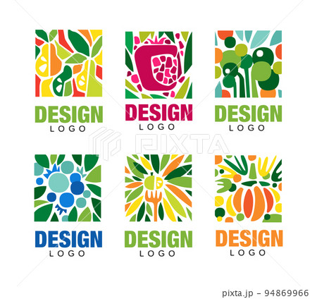 Tropical fruit and berries logo design set. Fresh juice, organic food labels and badges vector illustration Tropical fruit and berries logo design set. Fresh juice, organic food labels and badges vector illustration 94869966