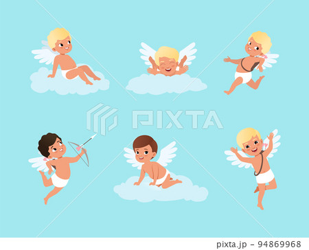 Cute Cupids, angels of love. Happy amur boys with wings shooting with bow and sitting on cloud vector illustration 94869968