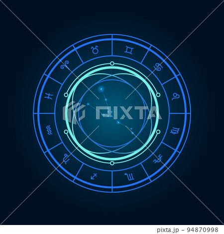 Magic wheel with taurus star sign and twelve signs of the zodiac in a dark background, astrology, esotericism. Astrology zodiac star signs magic circle Magic wheel with taurus star sign and twelve signs of the zodiac in a dark background, astrology, esotericism. Astrology zodiac star signs magic circle 94870998