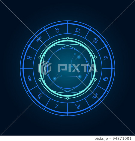 Magic wheel with leo star sign and twelve signs of the zodiac in a dark background, astrology, esotericism. Astrology zodiac star signs magic circle 94871001