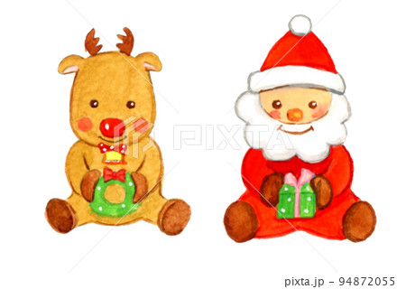 手描き水彩のかわいいサンタクロースとトナカイのマジパンセット