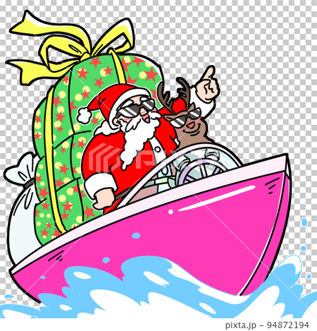 Happy Santa and reindeer delivering by boat 94872194