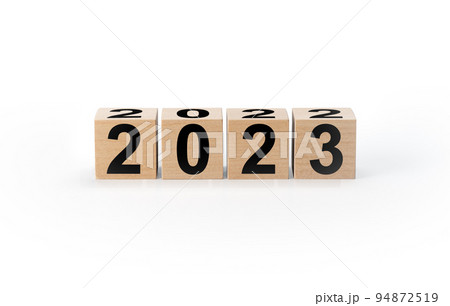 Wooden Blocks With 2022 2023 Number isolated on white background. Start new year 2023 with goal plan, goal concept, action plan, strategy, new year business vision. 94872519