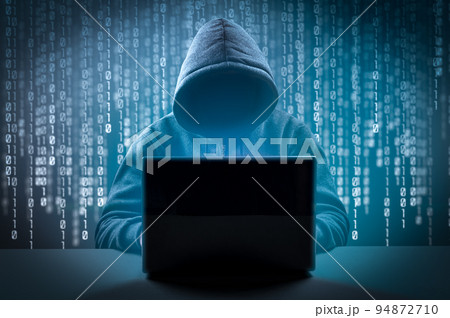 Cyber attack, system breaking and malware. Faceless hooded anonymous computer hacker. Hacking and malware concept. Faceless man in hoodie with laptop in the dark 94872710