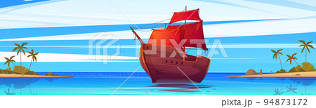 Wooden ship with red sails floating at seascape Wooden ship with red sails floating at seascape 94873172