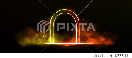 Colorful neon arch and smoke on black background 94873311