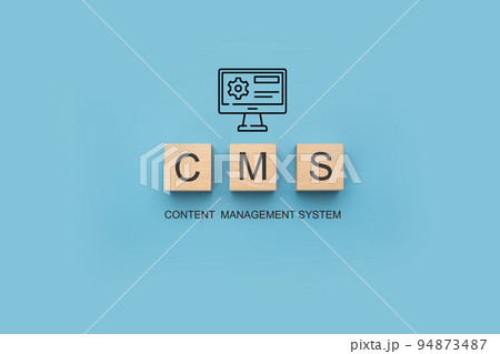 CMS Content Management System banner. CMS Block letters on blue background. Cms written on a wooden cubes. website management software, internet technology concept. 94873487