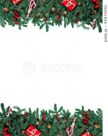 Holiday Christmas Frame. Blank business card with christmas tree branches. New year celebration concept banner. Minimalist mockup. Invitation to an event or party. Advertising information. 94874092