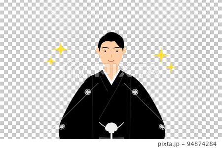 紋付袴の男性(和服姿)、腰に手を当ててポーズを取る(キラキラ付き) 紋付袴の男性(和服姿)、腰に手を当ててポーズを取る(キラキラ付き) 94874284