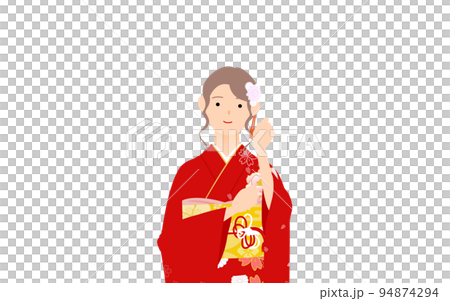 振袖の女性(和服姿)、髪を直すポーズ 振袖の女性(和服姿)、髪を直すポーズ 94874294