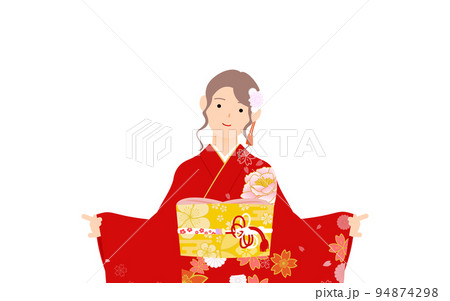 振袖の女性(和服姿)、袖をつまんで可愛いポーズを取る 振袖の女性(和服姿)、袖をつまんで可愛いポーズを取る 94874298