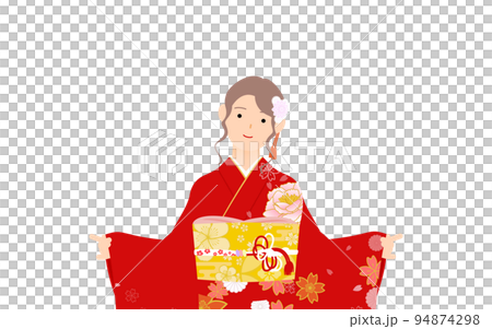 振袖の女性(和服姿)、袖をつまんで可愛いポーズを取る 振袖の女性(和服姿)、袖をつまんで可愛いポーズを取る 94874298