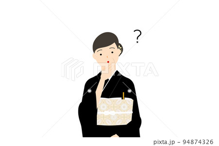 黒留袖のシニア女性(和服姿)、疑問を持つ 黒留袖のシニア女性(和服姿)、疑問を持つ 94874326