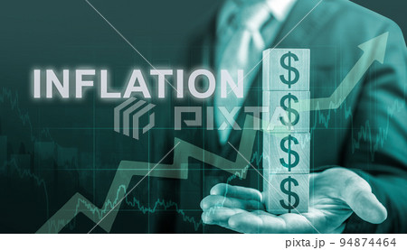 businessman holding cubes with dollar sign. inflation charts and dollar sign. background of graph of rising inflation rates and economic crisis caused by coronovirus covid19 pandemic businessman holding cubes with dollar sign. inflation charts and dollar sign. background of graph of rising inflation rates and economic crisis caused by coronovirus covid19 pandemic 94874464