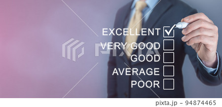 Businessman giving excellent feedback rating as oppose to five option Good, Average and Poor ratings. copy space. Customer satisfaction rating. Excellent experience. copy space Businessman giving excellent feedback rating as oppose to five option Good, Average and Poor ratings. copy space. Customer satisfaction rating. Excellent experience. copy space 94874465