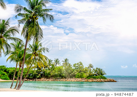 Beautiful beaches and blue sea Surrounded by palm trees. Palms and tropical beach with white sand. Beautiful tropical island with palm trees Beautiful beaches and blue sea Surrounded by palm trees. Palms and tropical beach with white sand. Beautiful tropical island with palm trees 94874487