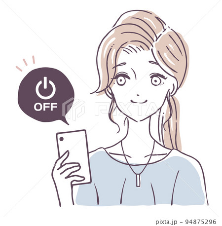 スマホの電源を切る女性　スマートフォンの電源を落とす人　携帯を電源オフにする人物　携帯電話をマナーモ 94875296