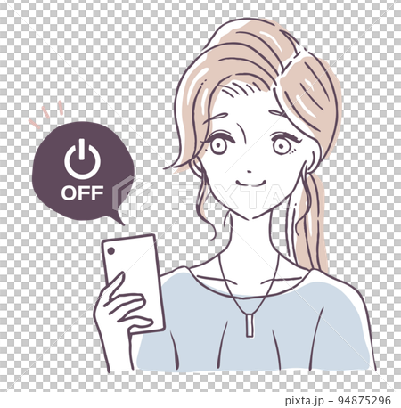スマホの電源を切る女性　スマートフォンの電源を落とす人　携帯を電源オフにする人物　携帯電話をマナーモ 94875296