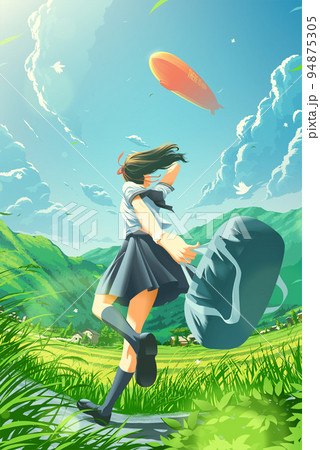 a Japanese school girl is running happily home in the countryside and noticing the zeppelin flying in the sky 94875305