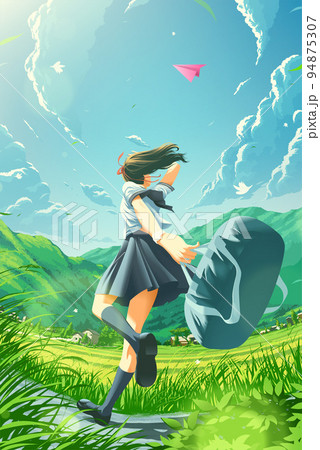 a Japanese school girl running happily home in the countryside and noticing the paper plane is floating in the air a Japanese school girl running happily home in the countryside and noticing the paper plane is floating in the air 94875307
