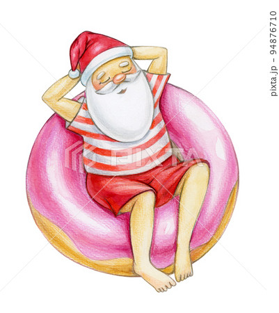 Santa Claus cartoon relaxing on donut, isolated on white. Watercolor illustration. Santa Claus cartoon relaxing on donut, isolated on white. Watercolor illustration. 94876710