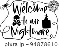 Typographic Halloween funny quote Welcome to our nightmare with spiderweb, spider, skull, 94878610