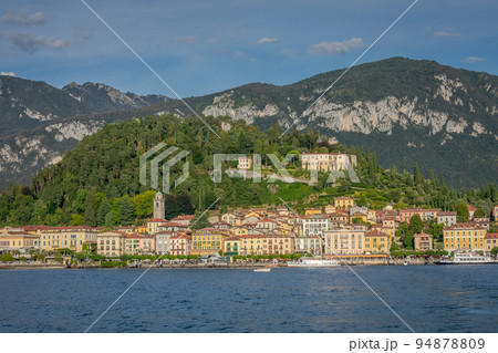 Mountains and Bellagio skyline, view from Lake Como at sunset, northern Italy 94878809
