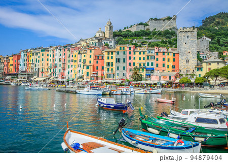 Harbor at Portovenere, Cinque Terre, Liguria, Italy with boats Harbor at Portovenere, Cinque Terre, Liguria, Italy with boats 94879404