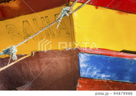 Colorful fishing trawler boat bow detail in Porto Seguro, BAHIA, Brazil 94879986