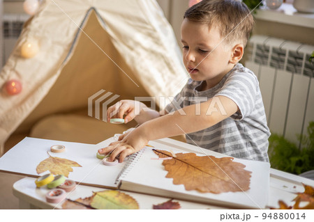 A child makes a herbarium from autumn colorful leaves. Happy autumn time. A child makes a herbarium from autumn colorful leaves. Happy autumn time. 94880014