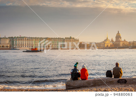 View of Neva River and St. Petersburg at golden sunset, Russia View of Neva River and St. Petersburg at golden sunset, Russia 94880063