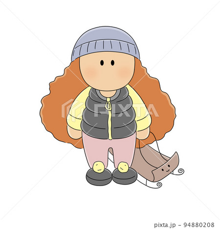 Textile doll in winter clothes in a hat with red hair. A girl with a sled. Winter entertainment. Sewn toy. A collectible doll. Interior doll. The doll's drawing is perfect for the avatar of craftswome 94880208