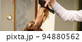 Professional hair care. Young female blonde with long hair receiving hairstyling in a beauty salon 94880562