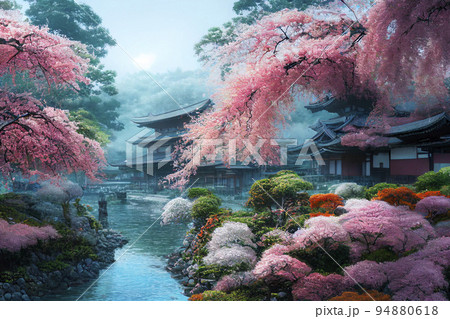 古い京都のような街並みの夜景　満開の桜　ファンタジーの世界「AI生成画像」 94880618