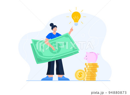 Personal finance management concept. Business incomes. A young woman with an idea of where to invest the earned money to make a profit. Vector flat illustration isolated on the white background. Personal finance management concept. Business incomes. A young woman with an idea of where to invest the earned money to make a profit. Vector flat illustration isolated on the white background. 94880873