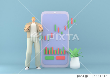 A male character presentation the infographic on mobile screen. 3d rendering of business models A male character presentation the infographic on mobile screen. 3d rendering of business models 94881212