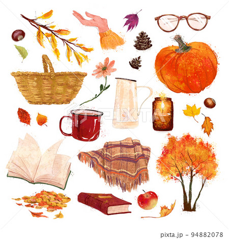 Collection of autumn cozy traditional elements pumpkin, plaid, book, apple, park trees isolated. Watercolor hand drawn fall illustration. Collection of autumn cozy traditional elements pumpkin, plaid, book, apple, park trees isolated. Watercolor hand drawn fall illustration. 94882078